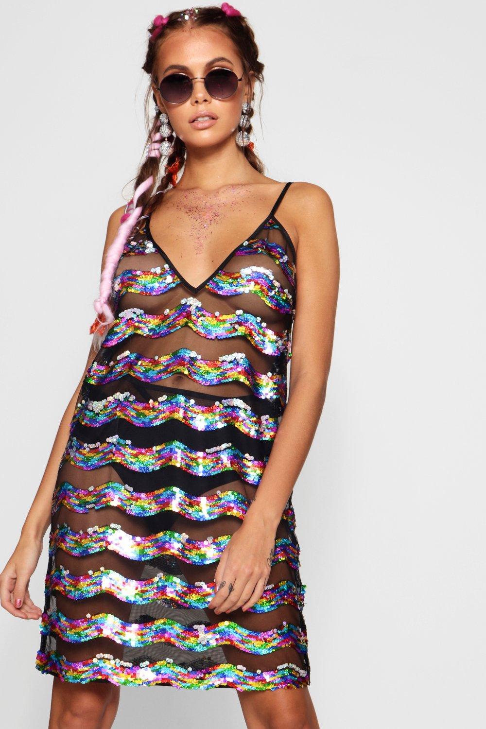 Rainbow Sequin Festival Slip Dress | boohoo